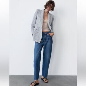 ZARA TWEED WEAVE KNIT BLUE JACKET SILVER BUTTONS